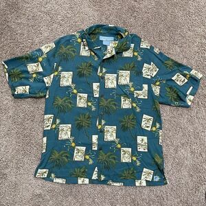 Bermuda Bay Shirt Men Large Deep Sea Blue Caribbean Palm Tree 100% Silk Tropical